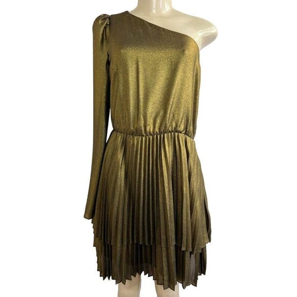 DEREK LAM Yolie Gold Long Sleeve One Shoulder Pleated Mini Dress Size M - Picture 3 of 6